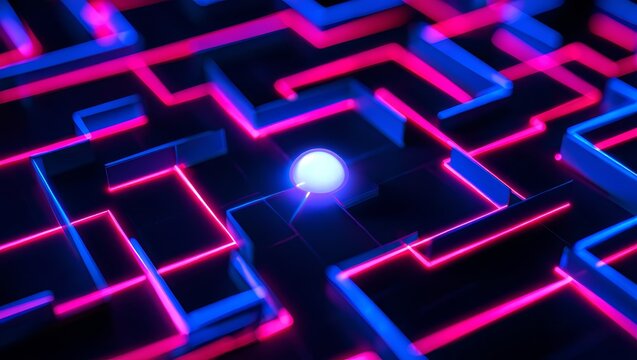 Abstract Neon Maze With Glowing Ball