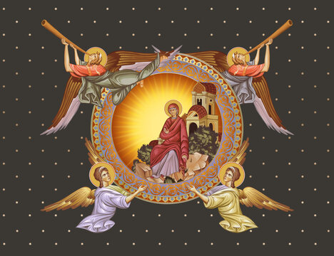 Madonna. Decorative vintage illustration with angels in Byzantine style