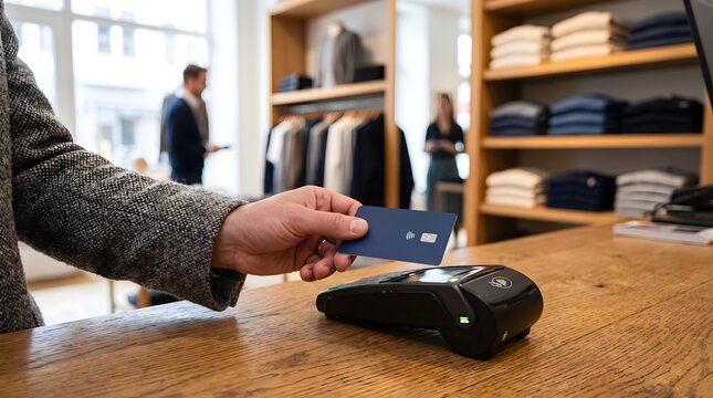 Contactless credit card payment in luxury clothing store, customer using wireless terminal for retail purchase, secure digital transaction at boutique counter