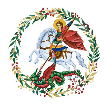 Saint George. Decorative vintage floral wreath, illustration in Byzantine style isolated