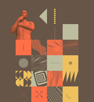 Art composition. Abstract figure of a pensive person in virtual space. Time for creative thinking. Geometric design. Mosaic. Grid. Wavy striped flow. Vector for a brochure, poster, cover, presentation