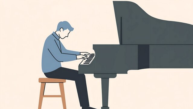 Man playing grand piano on white background.
