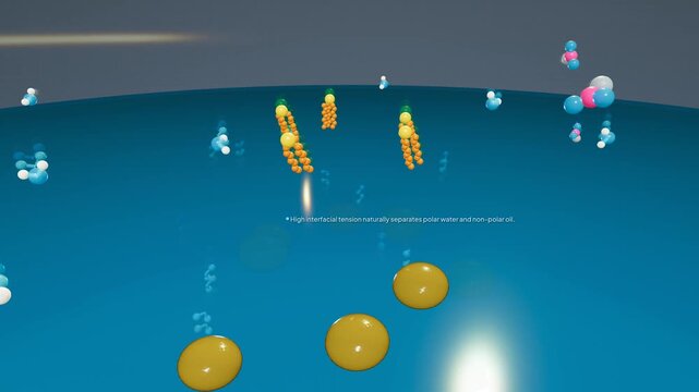 3D animation explaining mayonnaise lecithin emulsion, highlighting interfacial tension, choline heads, fatty acid tails, kinetic shear, hydration shells, and stable droplet lattice formation