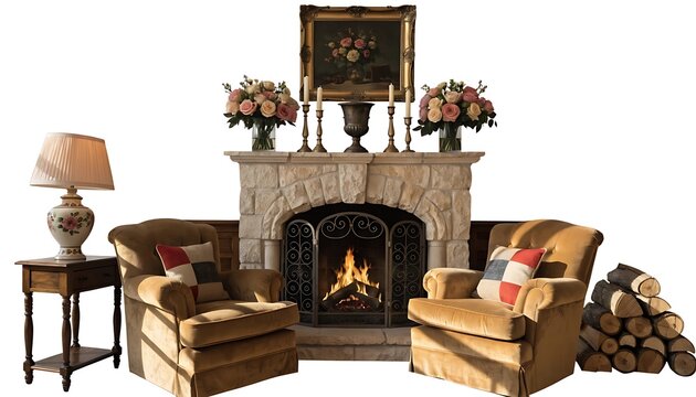 Cozy living room with fireplace and a pile of firewood warm home interior cut out White background with shadow. AI GENERATED.