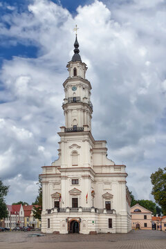 Town Hall facade in Kaunas, Lithuania, front view. Elegant baroque and classicist architecture with a tall slender tower