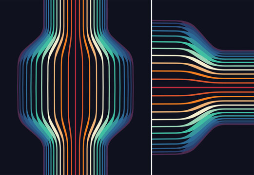A multitude of lines on a dark background. Digital stream. Energy flow. Dynamic effect. Neon curves. Scientific illustration. Vector for a brochure, poster, cover, card, presentation, flyer, or banner