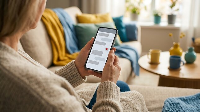 Elderly woman sits on sofa using smartphone sending text message with heart emoji, representing connection and communication in modern life.