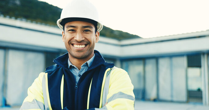 Portrait, happy man and engineer at site for construction, building renovation or development ppe. Smile, male person and architecture professional with safety helmet outdoor, confidence or about us