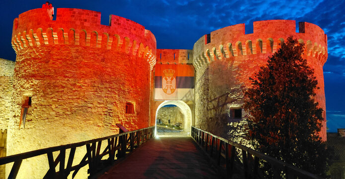 1 July 2026, Belgrade, Serbia: Ancient Zindan Gate of Belgrade Fortress at Kalemegdan Park, Serbia, illuminated at night, showing historical architecture