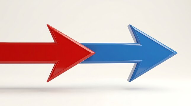 Two opposing arrows, one red and one blue, symbolize conflict, competition, or different directions for business or strategy.
