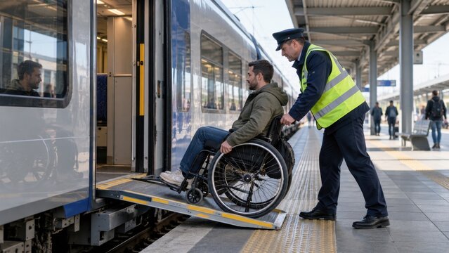 Train conductor assisting male passenger in wheelchair ascending wheelchair ramp into modern train car. Accessible public transport, inclusive railway travel, and passenger assistance concept.
