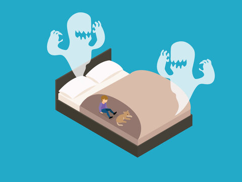 Nightmare, Fear of Dark, and Child Anxiety 3d isometric vector illustration