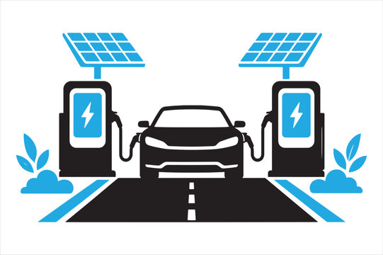 Electric vehicle charging station on the road with solar panels
