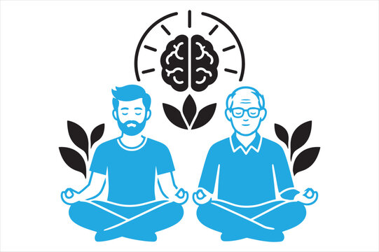 Two generations of men meditating together in a flat vector style illustration