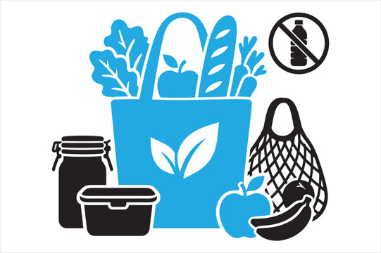 Zero waste grocery shopping and plastic free living concept with grocery bag