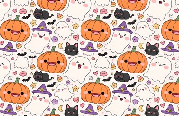 Obraz premium Seamless cute Halloween pattern with kawaii smiling pumpkins, friendly ghosts, black cats, and witch hats on light background