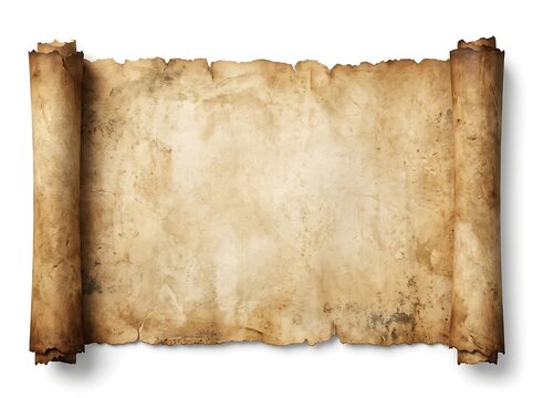 Ancient aged parchment scroll with rough torn edges and natural texture on white background for historical documents or medieval manuscripts.