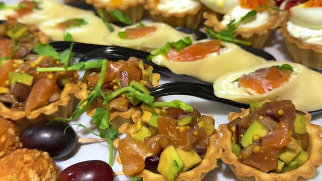 Assorted party appetizers with salmon tartlets and grapes