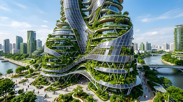 Futuristic vertical urban forest cityscape with green infrastructure.