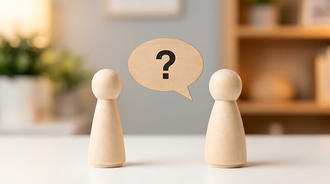 Two wooden figures facing each other with a speech bubble containing question mark symbolizing communication or query.