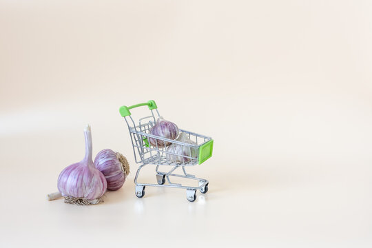Fresh garlic bulbs with miniature shopping cart on beige background with copy space