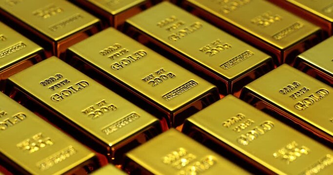 Storage facility protects collection of gold bars from unauthorized access. Storage chamber contains neatly stacked gold ingots with hallmarks