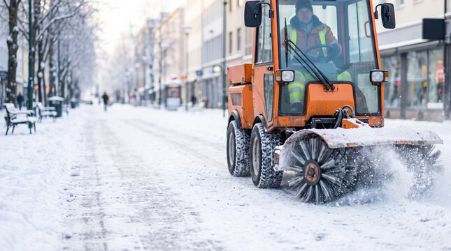 Worker operates specialized machinery to remove fresh snow from a sidewalk and street area in a town during the early morning hours to maintain