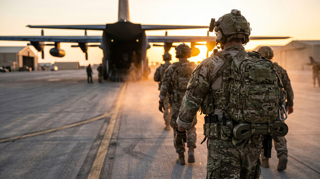 Soldiers in camouflage gear and tactical equipment walk across an airfield runway toward a C-130 Hercules aircraft during the golden light of sunset