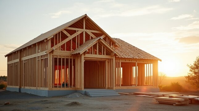 Casa unifamiliar con estructura de entramado de madera en construcci&oacute;n al amanecer; los muros estructurales abiertos dejan ver la distribuci&oacute;n arquitect&oacute;nica