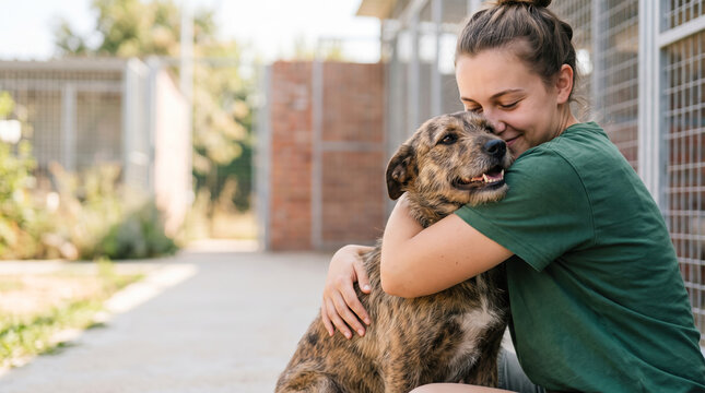Young woman wearing a green shirt gives a warm hug to a brown brindle dog while sitting on the ground at an animal shelter location during the bright