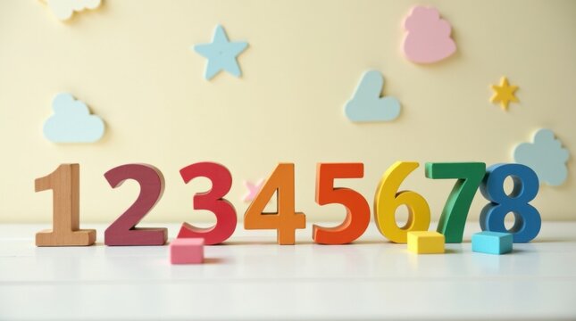 Bloques de madera con n&uacute;meros ordenados del uno al diez junto a coloridas piezas para contar; educaci&oacute;n matem&aacute;tica temprana