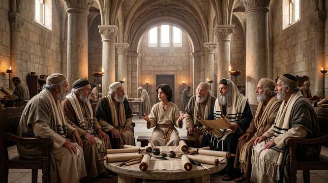 Boy Jesus teaching among the elders in the temple, Luke 2 New Testament biblical scene, twelve-year-old Jesus in Jerusalem, Christian religious illustration