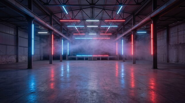 Empty warehouse with colorful neon lights and smoke effects