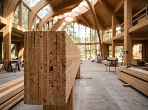 Interior eye-level close-up shot focusing on the end grain and laminated layers of a massive glulam timber beam inside a sunlit arched hall under construction with no people.  