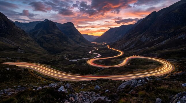 Cinematic mountain pass at sunset with winding road light trails, dramatic highland valley landscape, long exposure car lights on curvy highway