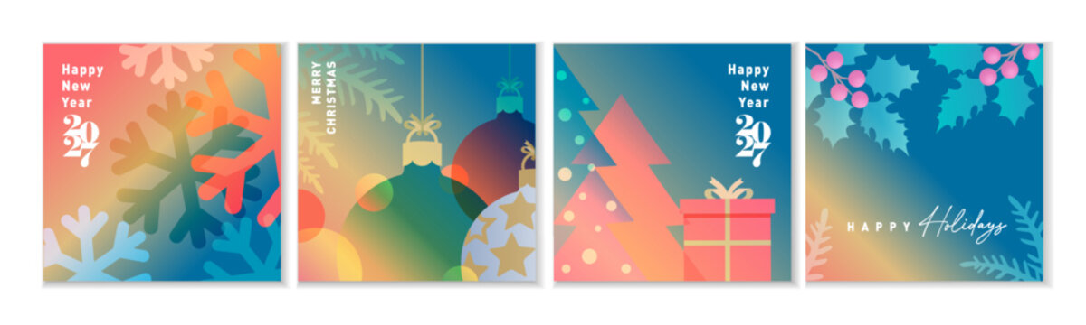 Merry Christmas and Happy Holidays 2027 creative watercolor greetings card set. Vector illustration for Happy New Year 2027 banners or Xmas posters design