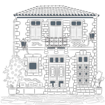 Black and White Illustration of Traditional House in Chania, Crete