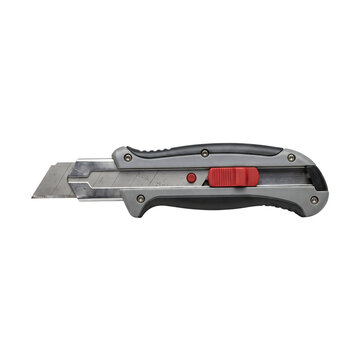 Red and black pocket knife with multitool isolated on transparent background