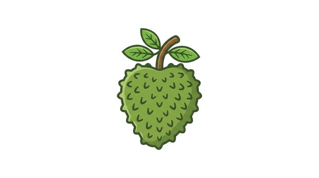 A cute cartoon illustration of a fresh green soursop fruit with leaves, isolated on a white background