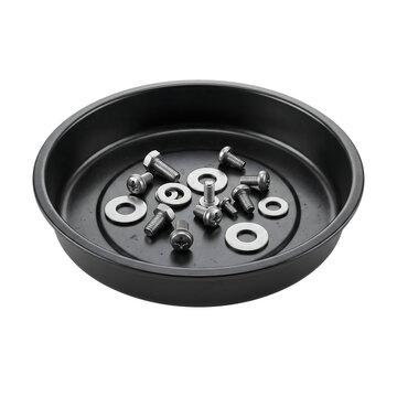 Black tray with metal bottle caps and lids isolated on transparent background