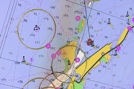 Digital electronic nautical chart displaying coastal mapping, depth contours, buoy markers and navigation routes for marine planning, safety, route planning and coastal situational awareness