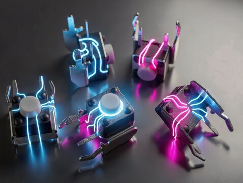 Futuristic tactile switches glowing with neon blue and pink light