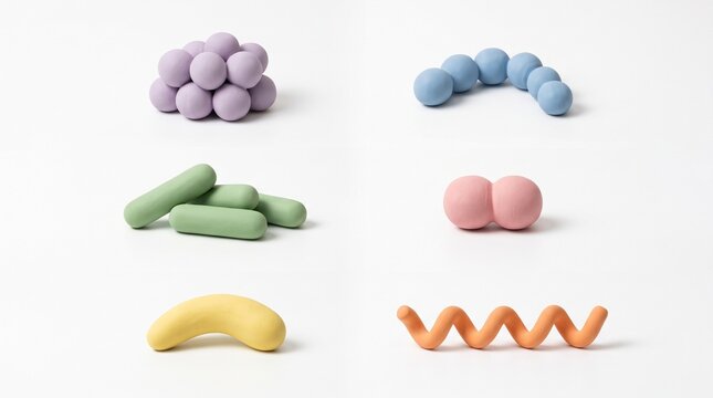 Bacteria Shapes Set in 3D: Cocci, Bacilli, Spirilla and Vibrio on White Background
