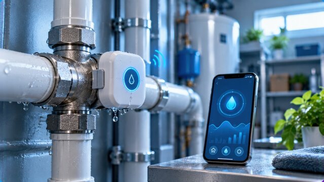 Smart water meter on pipe with smartphone displaying app interface for monitoring water usage, smart home technology, leak detection, data analysis.