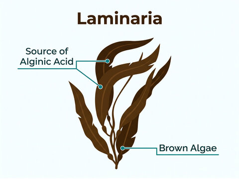 Laminaria brown algae seaweed is showcased in a detailed educational biology diagram identifying it as a natural source of alginic acid compound.