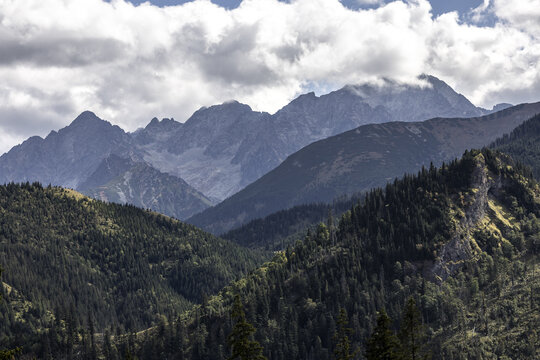 View of the Tatra Mountains featuring rugged peaks, dense coniferous forests, and a cloudy sky in Poland.
