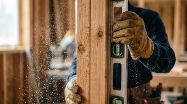 Apprentice carpenter's gloved hands using a level against a wood stud frame with sawdust in the air and tool belt visible.