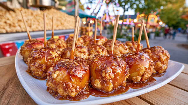 Carnival food stand at a county fair showcasing fresh popcorn and caramel apples, large popcorn machine behind the counter, rows of glossy caramel apples on sticks, colorful bunting and glowing amus