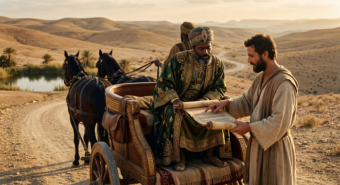 Philip and the Ethiopian Eunuch Meeting on the Roadside, Early Church Bible Story From the Book of Acts