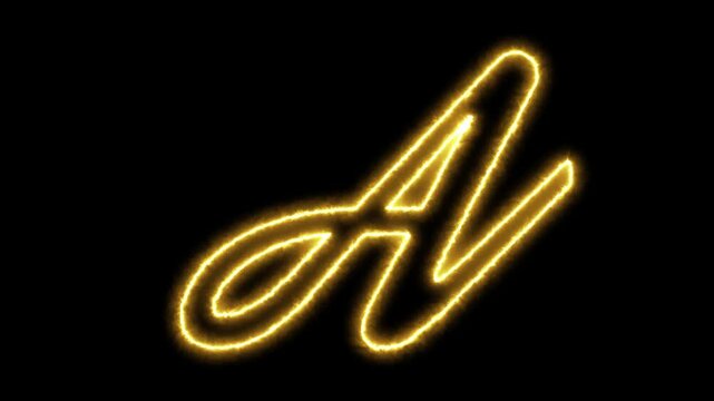 Neon glowing letter a animation, cursive script with electric golden light effect on black background